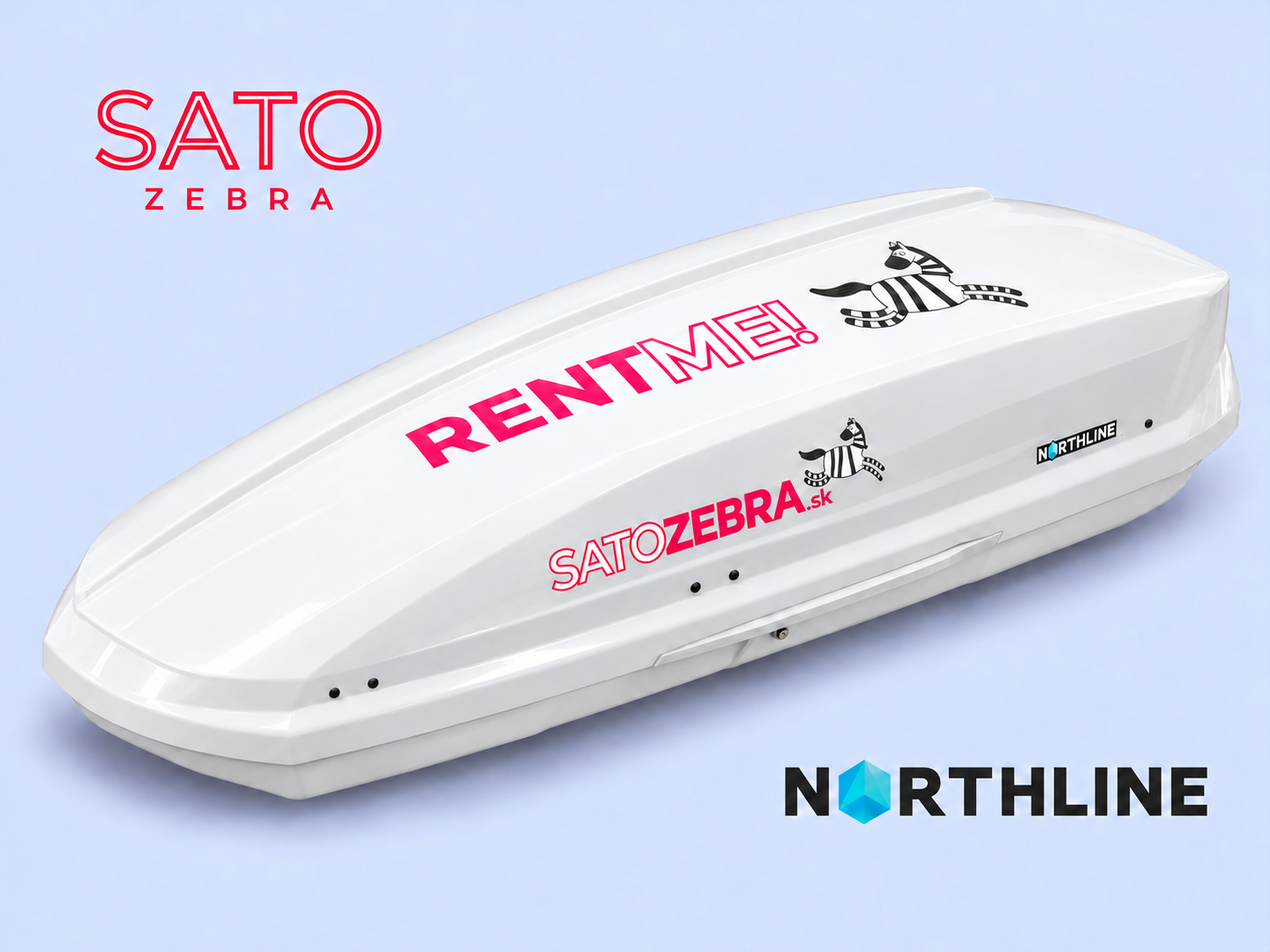 Biely strešný box Northline RoadSpace s bielym dnom, ružovým polepom RENT ME, nápisom SATOZEBRA.sk a zebrou.