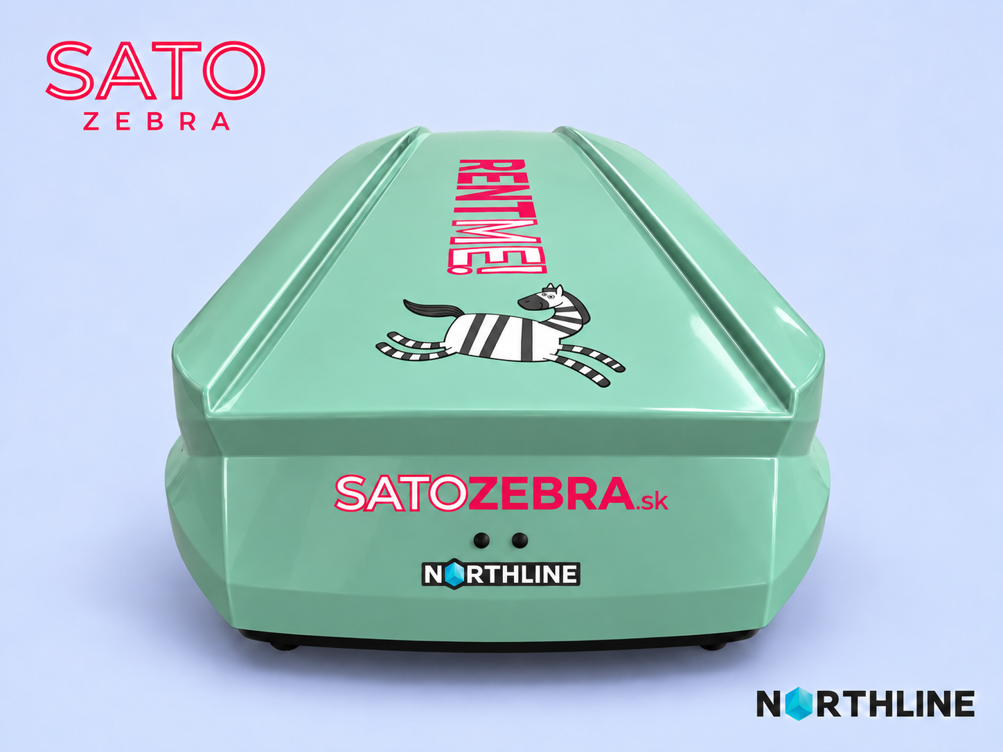Mätovozelený Northline EvoSpace zo zadu, polepom RENT ME, zebrou, nápisom SATOZEBRA.sk a tmavým dnom.