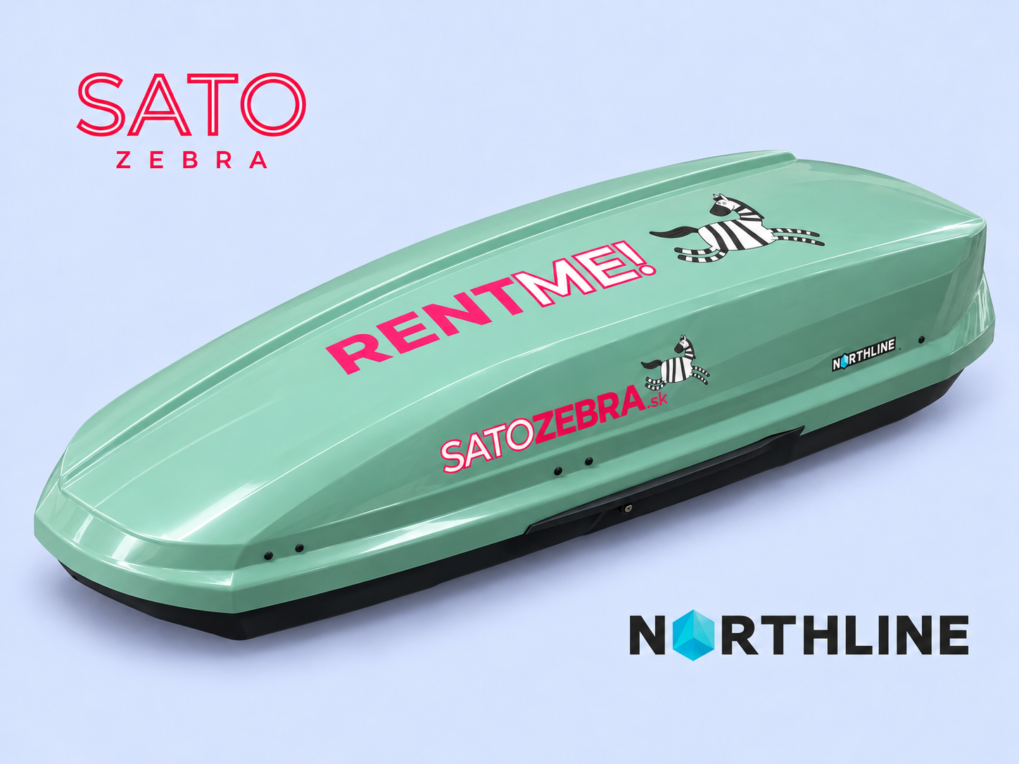 Mätovozelený strešný box Northline EvoSpace s tmavým dnom, polepom SATO ZEBRA a RENT ME v šikmom pohľade.