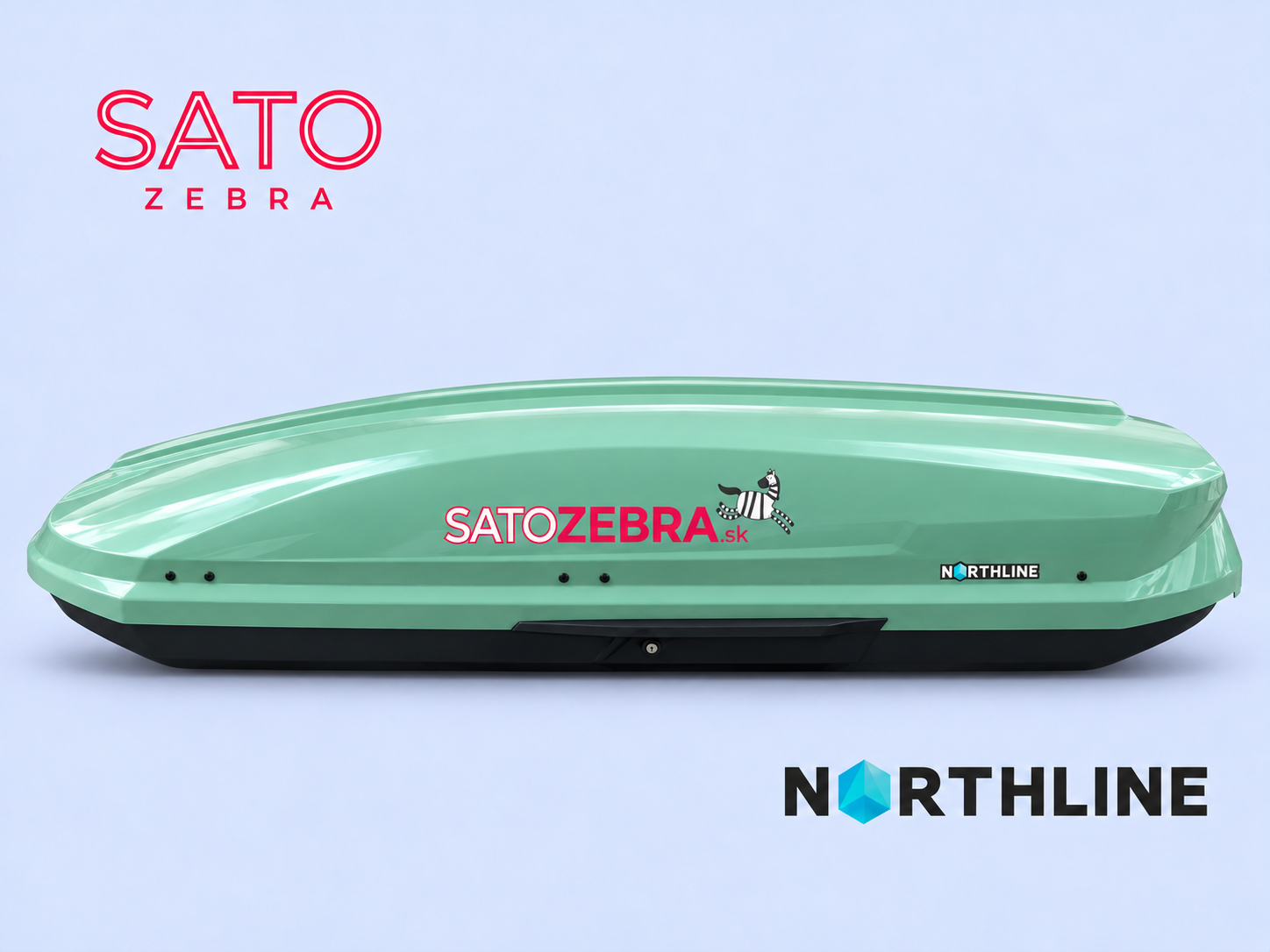 Mätovozelený Northline EvoSpace v bočnom profile, s tmavým dnom, bočným zámkom a polepom SATOZEBRA.sk.